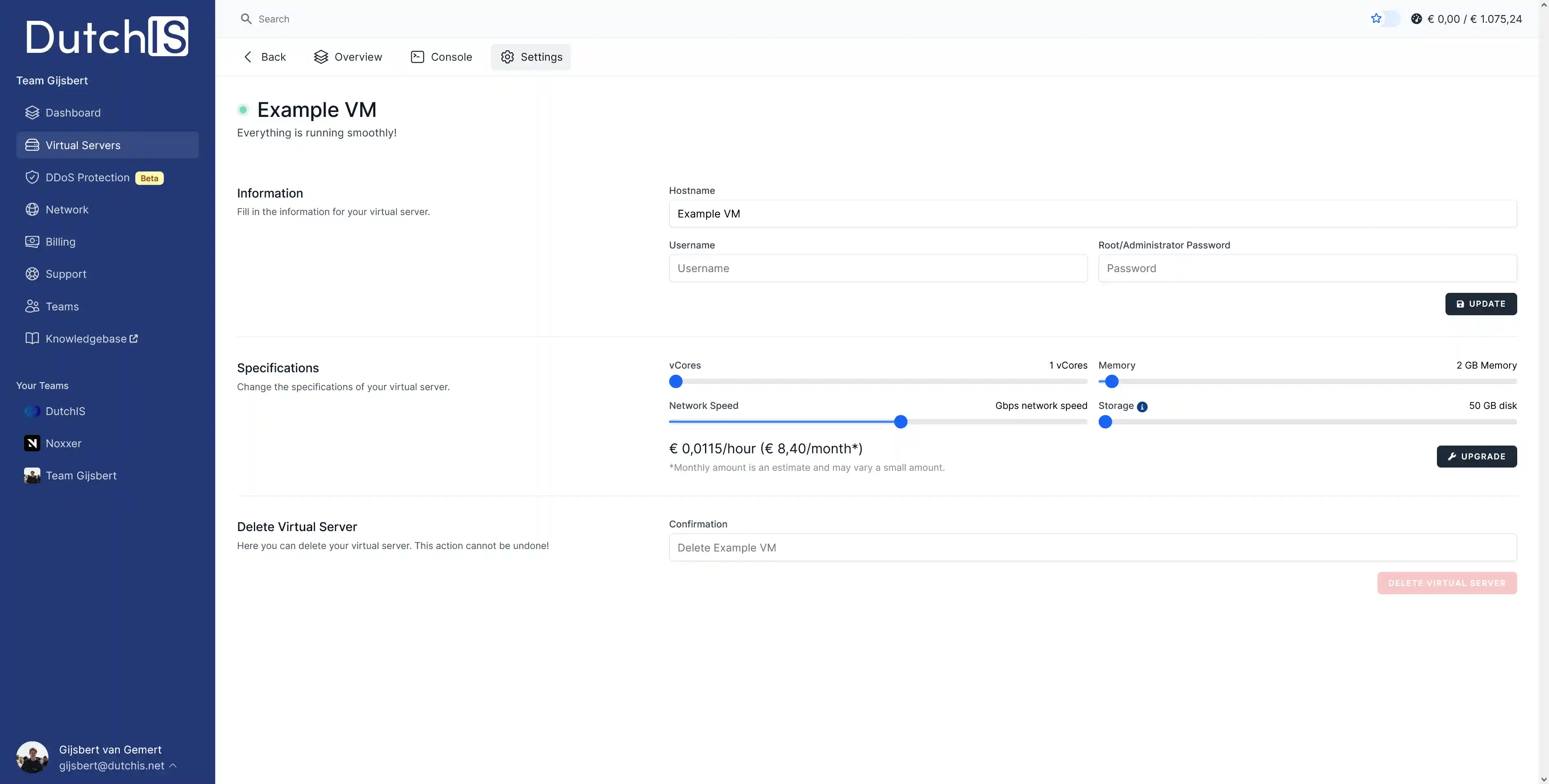 The settings page of the dashboard